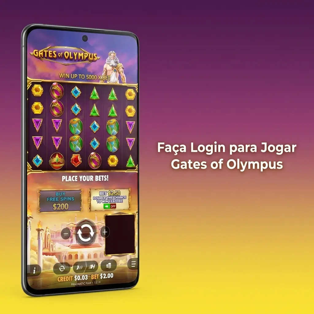 Tela de login do Gates of Olympus com campos de e-mail e senha para acessar partidas e promoções