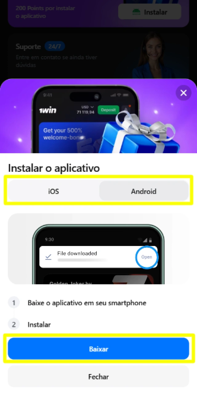 Download seguro do arquivo APK do aplicativo do cassino diretamente no celular.