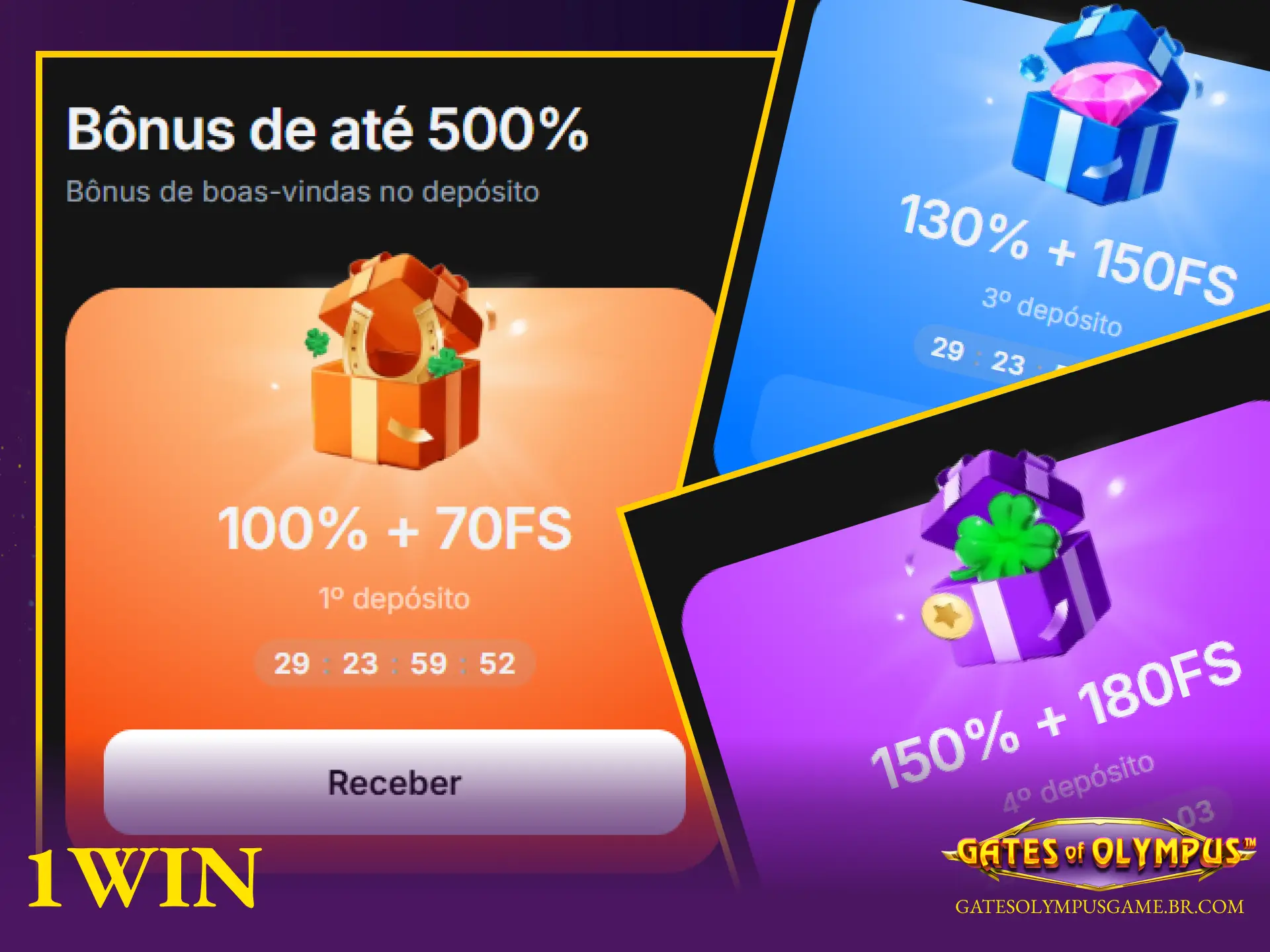 Bônus de depósito e giros grátis oferecidos pela 1win para jogar Gates of Olympus no Brasil.