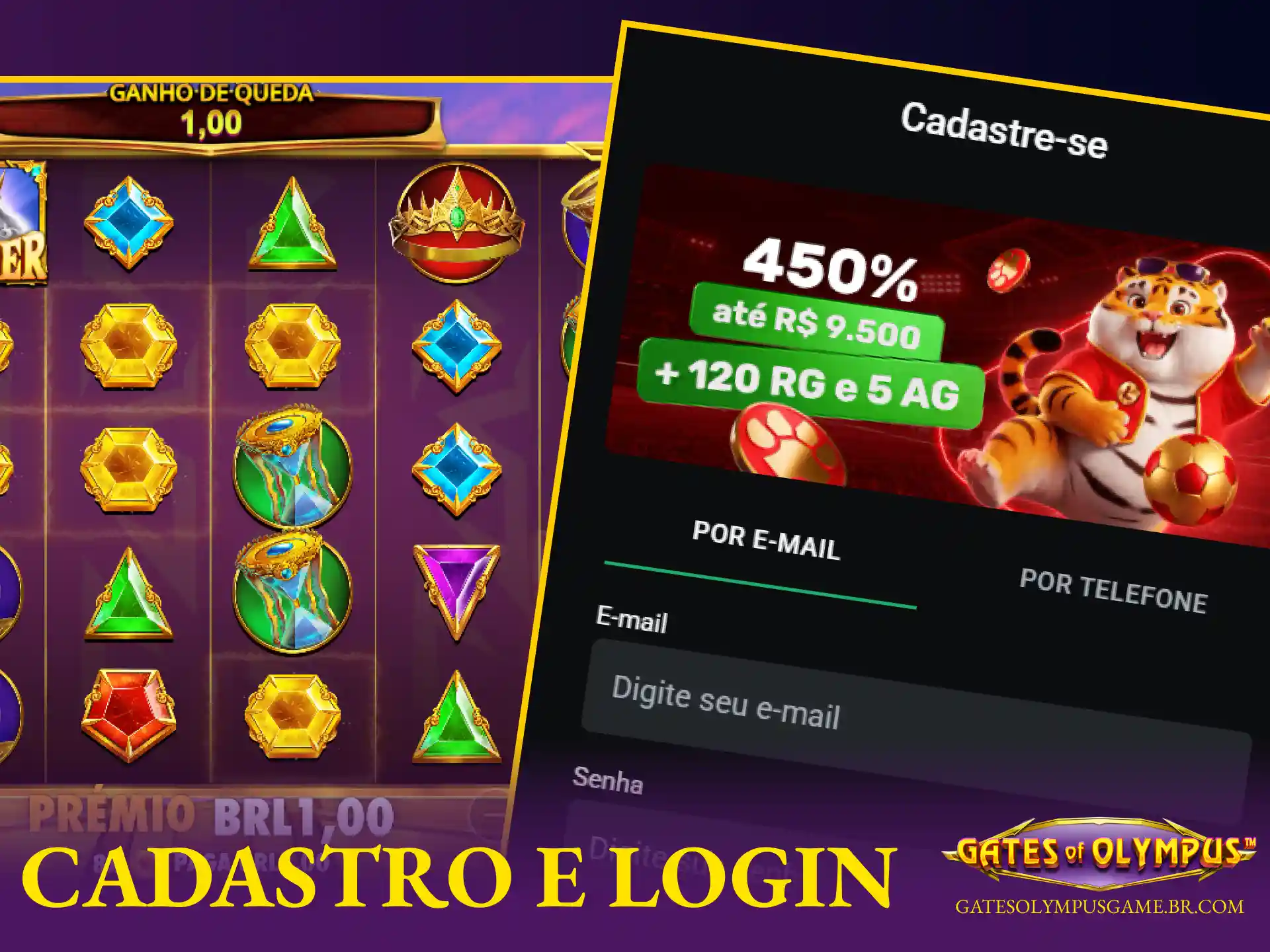 Formulário de criação de conta e painel de login seguro para acessar o jogo Gates of Olympus nos cassinos do Brasil.