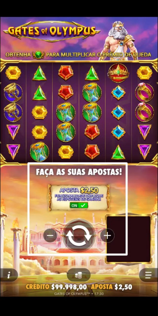 Seleção entre giros manuais ou a ativação de rodadas automáticas no modo demo de Gates of Olympus.