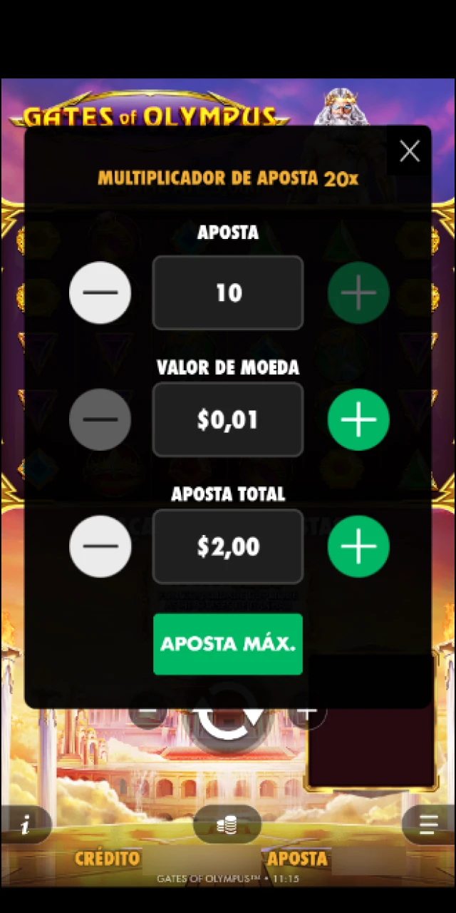Ajuste do valor da aposta por rodada utilizando os botões de controle no painel do jogo Gates of Olympus.