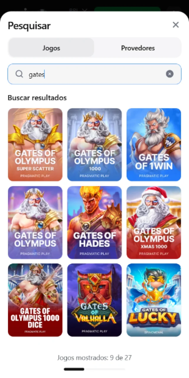 Busca e seleção do caça-níquel Gates of Olympus no catálogo de jogos do cassino online.