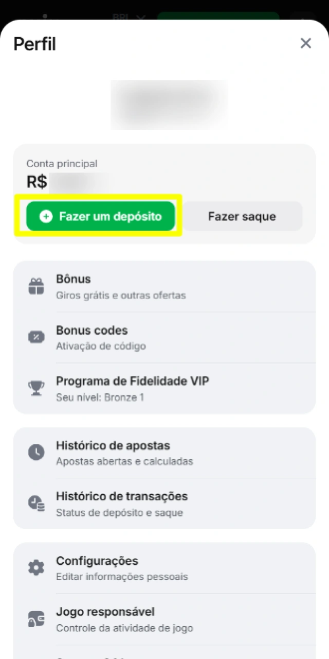 Navegação até a seção de depósitos e pagamentos no painel da plataforma de cassino.