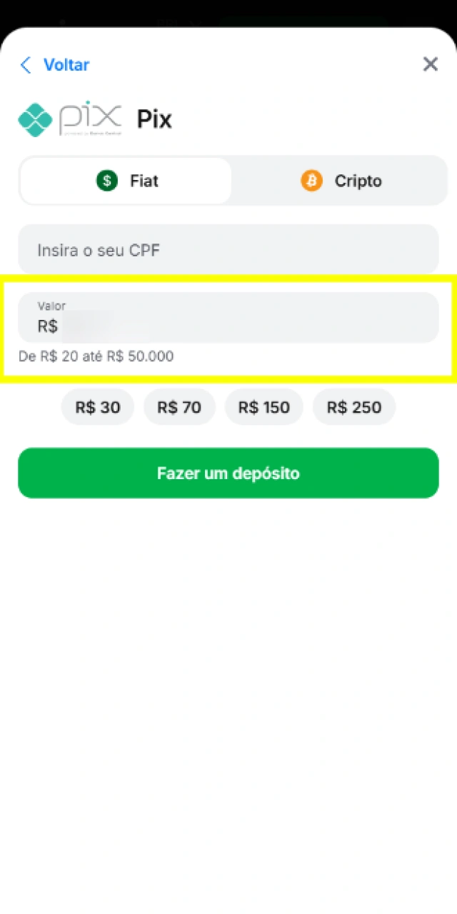 Inserção da quantia desejada para a realização do depósito e apostas no jogo Gates of Olympus.