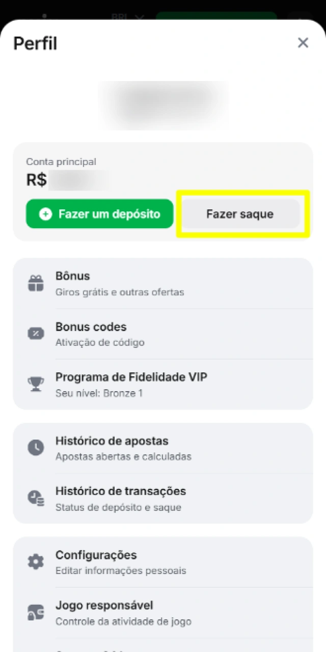 Navegação até a área de retiradas e pagamentos no painel da conta do usuário.