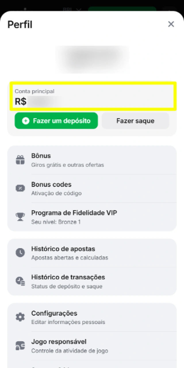 Verificação do saldo em dinheiro real disponível para retirada na conta do cassino online.