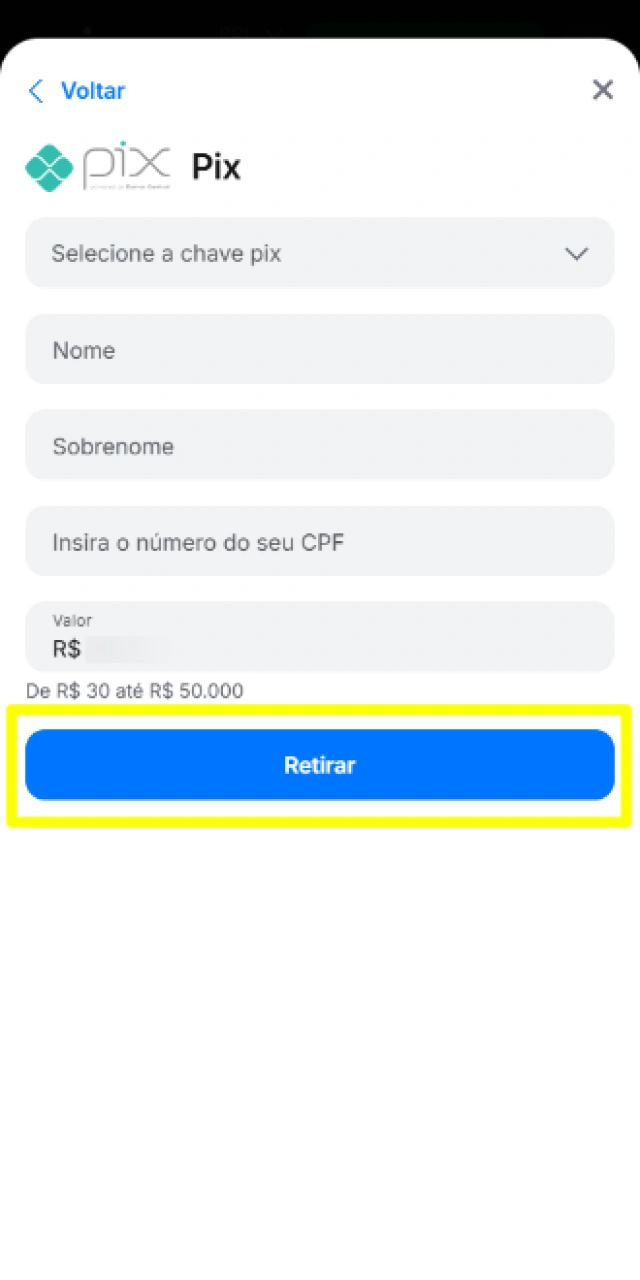 Validação da chave Pix e confirmação do pedido de saque dos ganhos do jogo.