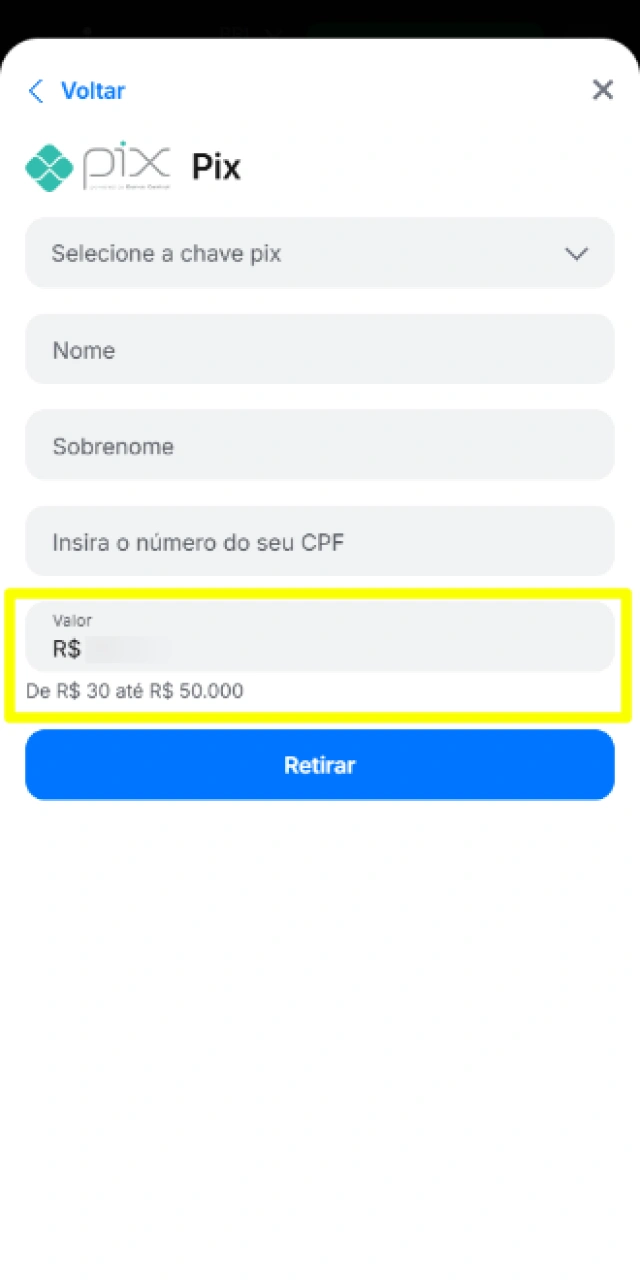 Preenchimento do valor que deseja retirar do saldo da conta do cassino.