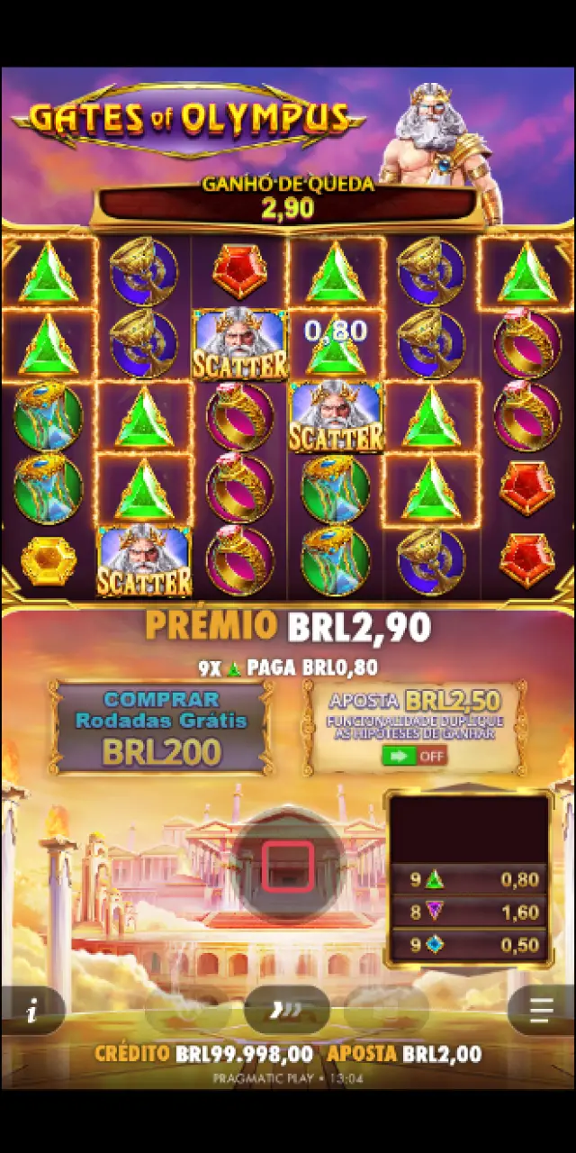 Animação de Zeus lançando esferas com multiplicadores para somar às vitórias da rodada no Gates of Olympus.