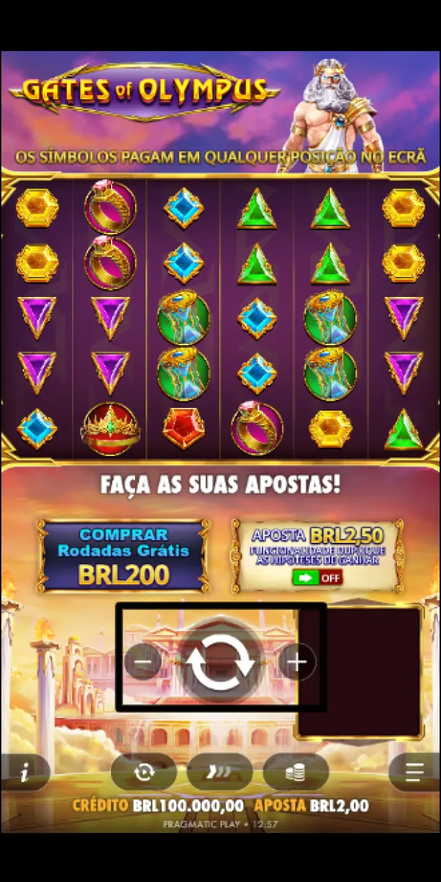 Acionamento do botão de rotação e início da queda dos símbolos nos cilindros do jogo Gates of Olympus.